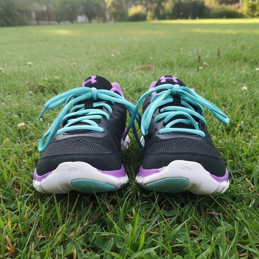 Under Armour Micro G Engage Women's Running Shoes Black Purple Aqua Size 8